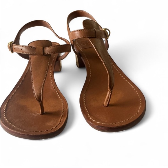 Tory Burch metal logo strap leather sandals size 9.5 brown summer block heel - Picture 11 of 11
